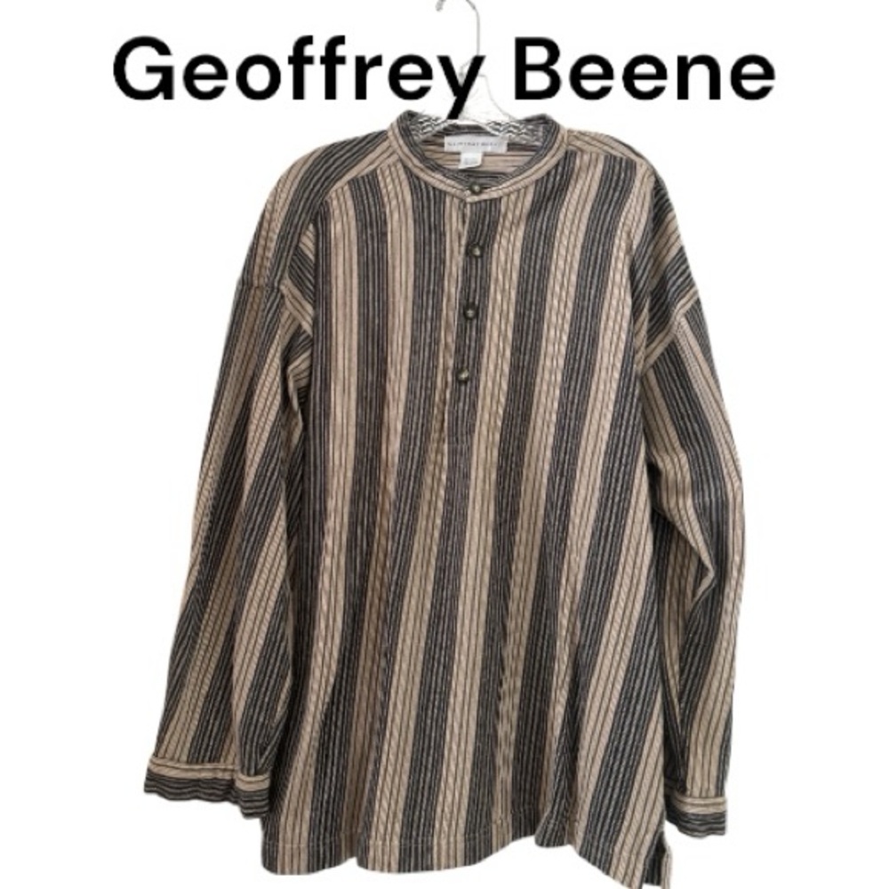 Geoffrey Beene Long-Sleeve Striped Henley in Black and Tan Xl